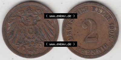 Deutsches Kaiserreich Umlaufmünze 1904-1916, 2 Pfennig A, 1908 I., Münzen Vollansicht Horizontal zum Download Sammlung