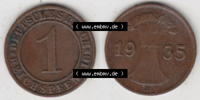 Deutsches Reich Umlaufmünze 1924-1936, 1 Reichspfennig D, 1935, Münzen Vollansicht Horizontal zum Download Sammlung