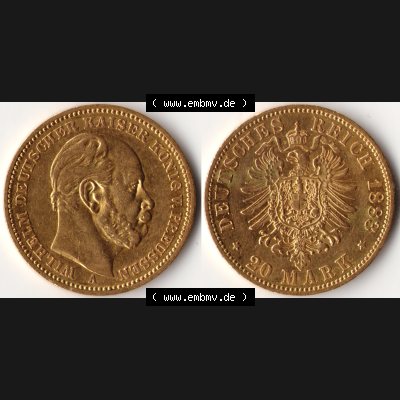 Goldmünze Kaiserreich 1874-1888, 20 Mark Wilhelm I., Münzen Vollansicht Horizontal zum Download Sammlung