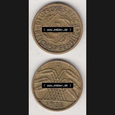 Deutsches Reich Umlaufmünze 1924-1936, 5 Reichspfennig D, 1936, Münzen Vollansicht Vertikal zum Download für Mobile-Geräte Sammlung