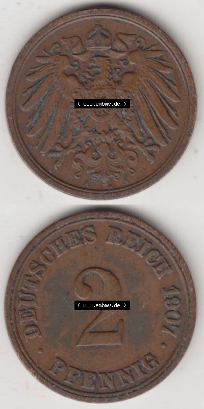 Deutsches Kaiserreich Umlaufmünze 1904-1916, 2 Pfennig A, 1907, Münzen Vollansicht Vertikal zum Download Sammlung