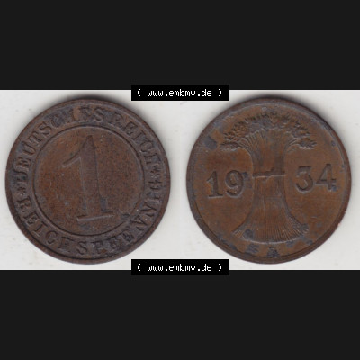 Deutsches Reich Umlaufmünze 1924-1936, 1 Reichspfennig E, 1934, Münzen Vollansicht Horizontal zum Download Sammlung