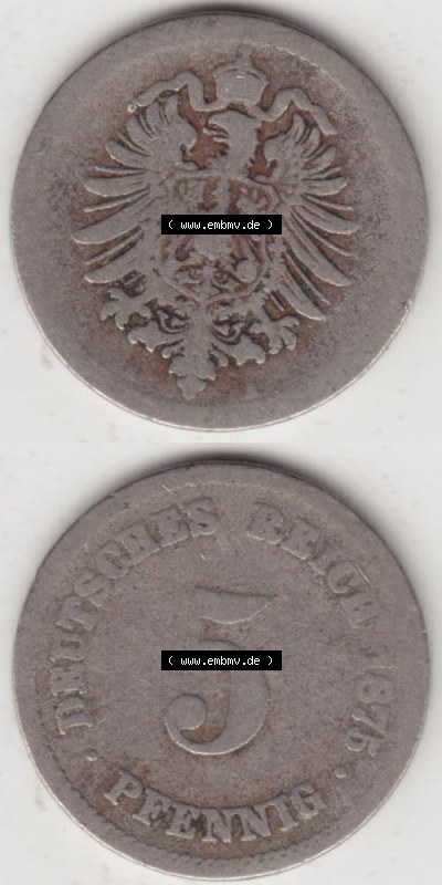 Deutsches Kaiserreich Umlaufmünze 1874-1889, 5 Pfennig A, 1875, Münzen Vollansicht Vertikal zum Download Sammlung