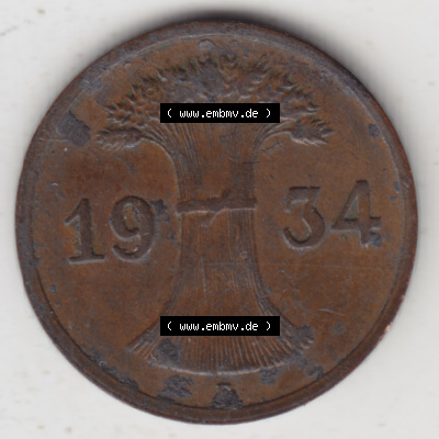Deutsches Reich Umlaufmünze 1924-1936, 1 Reichspfennig E, 1934, Münzen Rückseite zum Download Sammlung