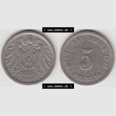 Deutsches Kaiserreich Umlaufmünze 1890-1915, 5 Pfennig A, 1905, Münzen Vollansicht Horizontal zum Download Sammlung
