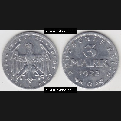 Weimarer Republik Umlaufmünze 1922-1923, 3 Mark G Verfassungstag 11. August 1922, Münzen Vollansicht Horizontal zum Download Sammlung