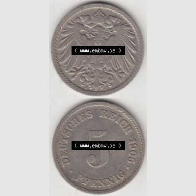 Deutsches Kaiserreich Umlaufmünze 1890-1915, 5 Pfennig J, 1906, Münzen Vollansicht Vertikal zum Download Sammlung