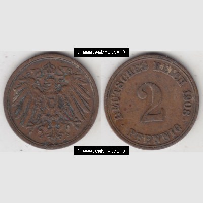Deutsches Kaiserreich Umlaufmünze 1904-1916, 2 Pfennig A, 1908 I., Münzen Vollansicht Horizontal zum Download Sammlung