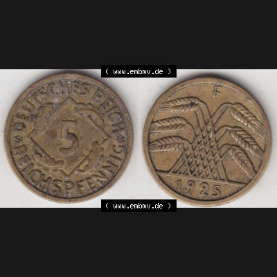 Weimarer Republik Umlaufmünze 1924-1936, 5 Reichspfennig F, 1925, Münzen Vollansicht Horizontal zum Download Sammlung