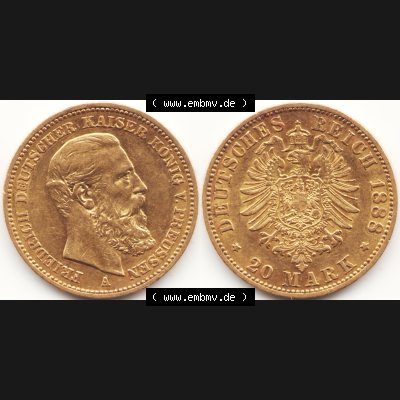 Goldmünze Kaiserreich 1888-1888, 20 Mark Friedrich III., Münzen Vollansicht Horizontal zum Download Sammlung