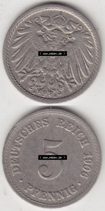 Deutsches Kaiserreich Umlaufmünze 1890-1915, 5 Pfennig A, 1906, Münzen Vollansicht Vertikal zum Download Sammlung