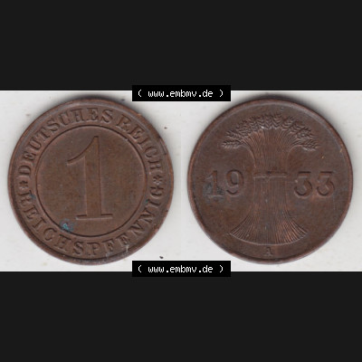 Deutsches Reich Umlaufmünze 1924-1936, 1 Reichspfennig A, 1933 I, Münzen Vollansicht Horizontal zum Download Sammlung
