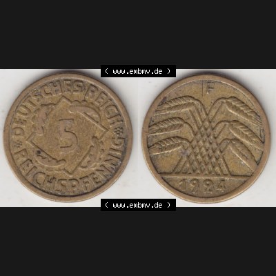 Weimarer Republik Umlaufmünze 1924-1936, 5 Reichspfennig F, 1924 II, Münzen Vollansicht Horizontal zum Download Sammlung