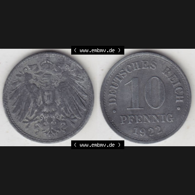 Weimarer Republik Umlaufmünze 1917-1922, 10 Pfennig 1922, Münzen Vollansicht Horizontal zum Download Sammlung