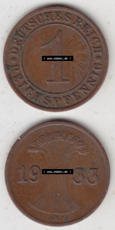 Deutsches Reich Umlaufmünze 1924-1936, 1 Reichspfennig A, 1933 II, Münzen Vollansicht Vertikal zum Download für Mobile-Geräte Sammlung