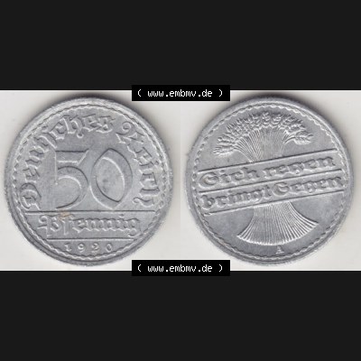 Weimarer Republik Umlaufmünze 1919-1922, 50 Pfennig A, 1920 Sich Regen Bringt Segen, Münzen Vollansicht Horizontal zum Download Sammlung