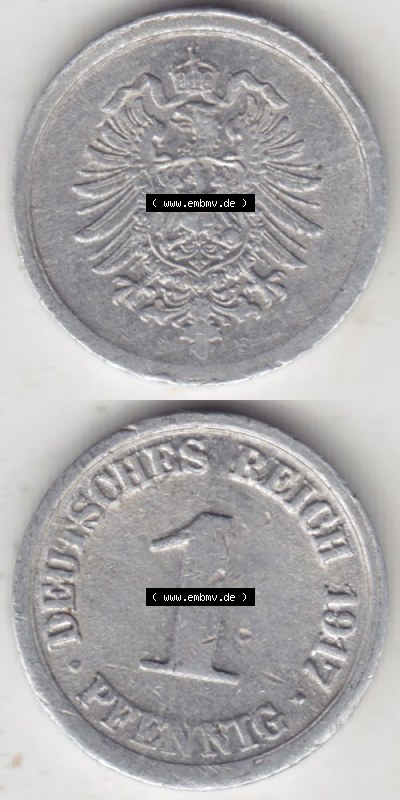 Deutsches Kaiserreich Umlaufmünze 1916-1918, 1 Pfennig F, 1917 VI., Münzen Vollansicht Vertikal zum Download Sammlung