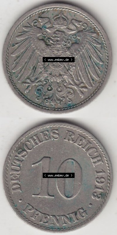 Deutsches Kaiserreich Umlaufmünze 1890-1916, 10 Pfennig A, 1913 I., Münzen Vollansicht Vertikal zum Download Sammlung