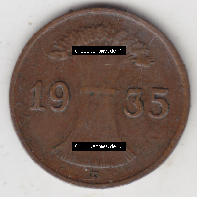 Deutsches Reich Umlaufmünze 1924-1936, 1 Reichspfennig D, 1935, Münzen Rückseite zum Download Sammlung