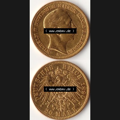 Goldmünze Kaiserreich 1890-1913, 20 Mark Wilhelm II., Münzen Vollansicht Vertikal zum Download Sammlung