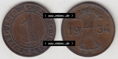Deutsches Reich Umlaufmünze 1924-1936, 1 Reichspfennig E, 1934, Münzen Vollansicht Horizontal zum Download Sammlung