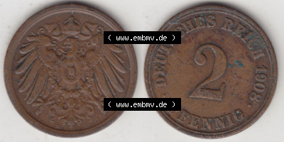 Deutsches Kaiserreich Umlaufmünze 1904-1916, 2 Pfennig A, 1908 II, Münzen Vollansicht Horizontal zum Download Sammlung