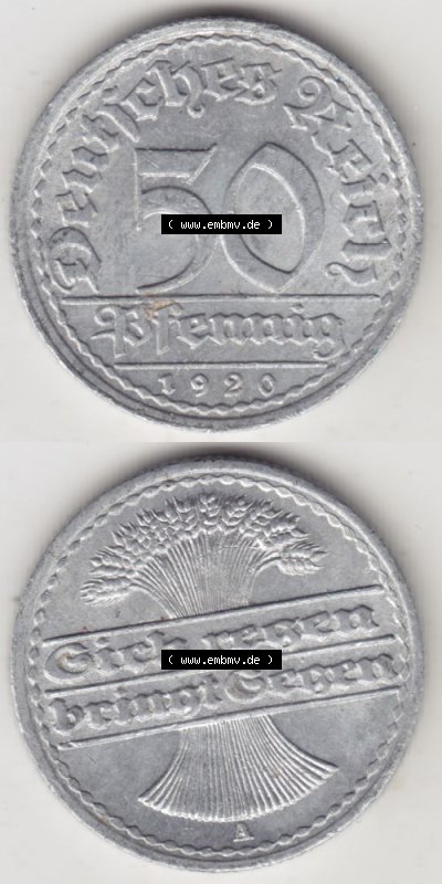 Weimarer Republik Umlaufmünze 1919-1922, 50 Pfennig A, 1920 Sich Regen Bringt Segen, Münzen Vollansicht Vertikal zum Download... Sammlung