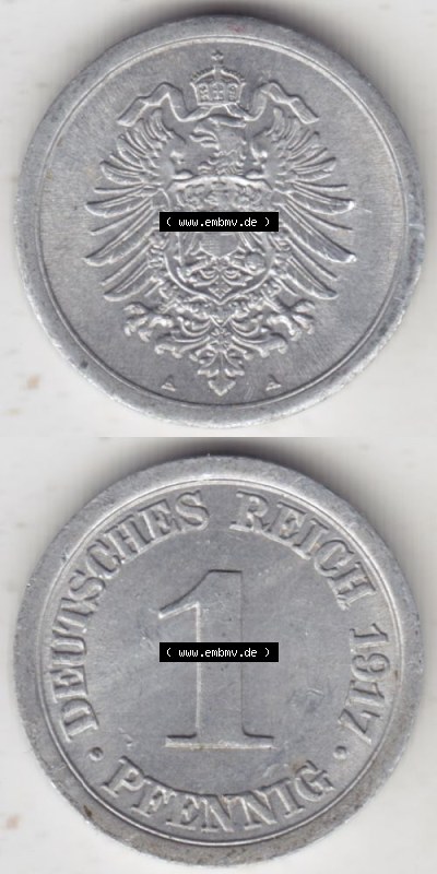 Deutsches Kaiserreich Umlaufmünze 1916-1918, 1 Pfennig A 1917 I., Münzen Vollansicht Vertikal zum Download Sammlung