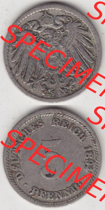 Deutsches Kaiserreich Umlaufmünze 1890-1915, 5 Pfennig D, 1894, Münzen Vollansicht Vertikal zum Download Sammlung