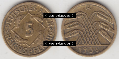 Deutsches Reich Umlaufmünze 1924-1936, 5 Reichspfennig A, 1936, Münzen Vollansicht Horizontal zum Download Sammlung