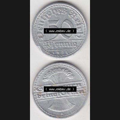 Weimarer Republik Umlaufmünze 1919-1922, 50 Pfennig A, 1921, Münzen Vollansicht Vertikal zum Download für Mobile-Geräte Sammlung