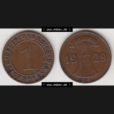 Weimarer Republik Umlaufmünze 1924-1936, 1 Reichspfennig D, 1929, Münzen Vollansicht Horizontal zum Download Sammlung