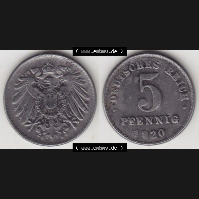Weimarer Republik Umlaufmünze 1915-1922, 5 Pfennig D, 1920, Münzen Vollansicht Horizontal zum Download Sammlung