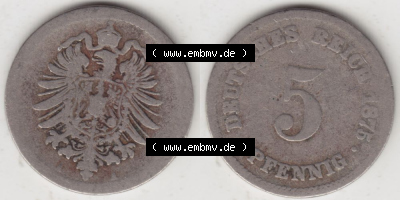 Deutsches Kaiserreich Umlaufmünze 1874-1889, 5 Pfennig A, 1875, Münzen Vollansicht Horizontal zum Download Sammlung