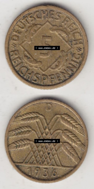 Deutsches Reich Umlaufmünze 1924-1936, 5 Reichspfennig D, 1936, Münzen Vollansicht Vertikal zum Download für Mobile-Geräte Sammlung