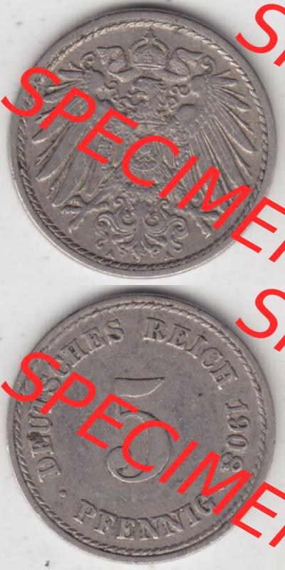 Deutsches Kaiserreich Umlaufmünze 1890-1915, 5 Pfennig A, 1908 I., Münzen Vollansicht Vertikal zum Download Sammlung
