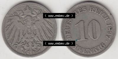 Deutsches Kaiserreich Umlaufmünze 1890-1916, 10 Pfennig A, 1897, Münzen Vollansicht Horizontal zum Download Sammlung
