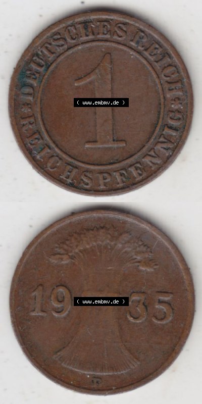 Deutsches Reich Umlaufmünze 1924-1936, 1 Reichspfennig D, 1935, Münzen Vollansicht Vertikal zum Download für Mobile-Geräte Sammlung
