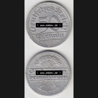 Weimarer Republik Umlaufmünze 1919-1922, 50 Pfennig A, 1920, Münzen Vollansicht Vertikal zum Download Sammlung