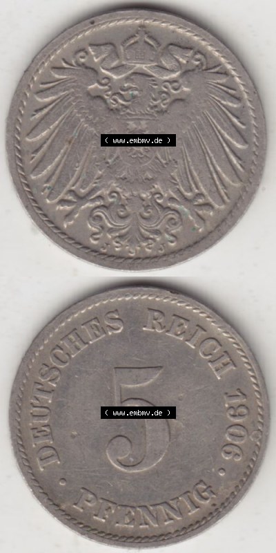 Deutsches Kaiserreich Umlaufmünze 1890-1915, 5 Pfennig J, 1906, Münzen Vollansicht Vertikal zum Download Sammlung