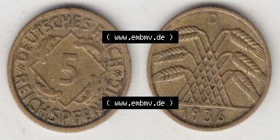 Deutsches Reich Umlaufmünze 1924-1936, 5 Reichspfennig D, 1936, Münzen Vollansicht Horizontal zum Download Sammlung