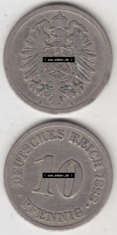 Deutsches Kaiserreich Umlaufmünze 1873-1889, 10 Pfennig A, 1888, Münzen Vollansicht Vertikal zum Download Sammlung