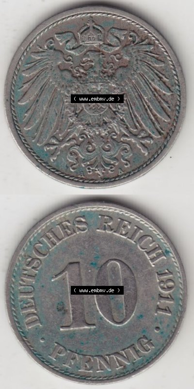 Deutsches Kaiserreich Umlaufmünze 1890-1916, 10 Pfennig A, 1911, Münzen Vollansicht Vertikal zum Download Sammlung