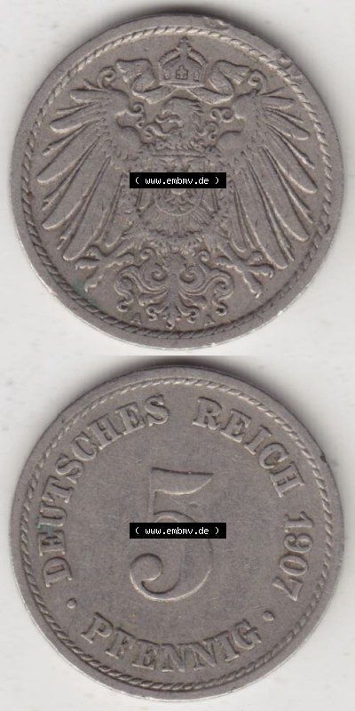 Deutsches Kaiserreich Umlaufmünze 1890-1915, 5 Pfennig A, 1907 I., Münzen Vollansicht Vertikal zum Download Sammlung