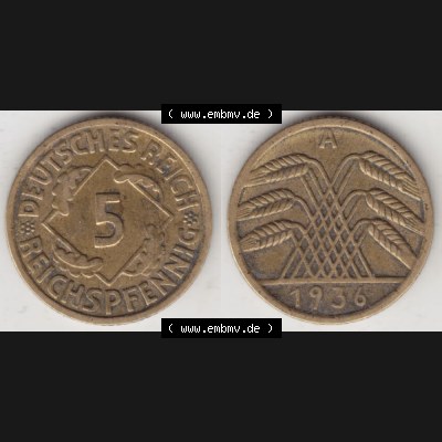 Deutsches Reich Umlaufmünze 1924-1936, 5 Reichspfennig A, 1936, Münzen Vollansicht Horizontal zum Download Sammlung