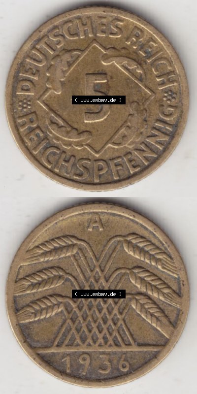 Deutsches Reich Umlaufmünze 1924-1936, 5 Reichspfennig A, 1936, Münzen Vollansicht Vertikal zum Download für Mobile-Geräte Sammlung
