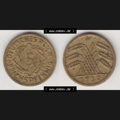 Weimarer Republik Umlaufmünze 1924-1936, 5 Reichspfennig A, 1930, Münzen Vollansicht Horizontal zum Download Sammlung
