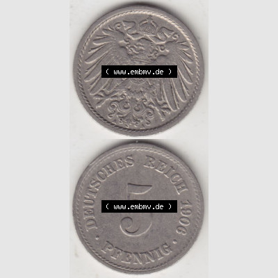 Deutsches Kaiserreich Umlaufmünze 1890-1915, 5 Pfennig A, 1906, Münzen Vollansicht Vertikal zum Download Sammlung