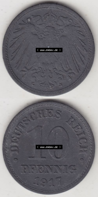 Deutsches Kaiserreich Umlaufmünze 1917-1922, 10 Pfennig kein Mzz. 1917 I, Münzen Vollansicht Vertikal zum Download Sammlung