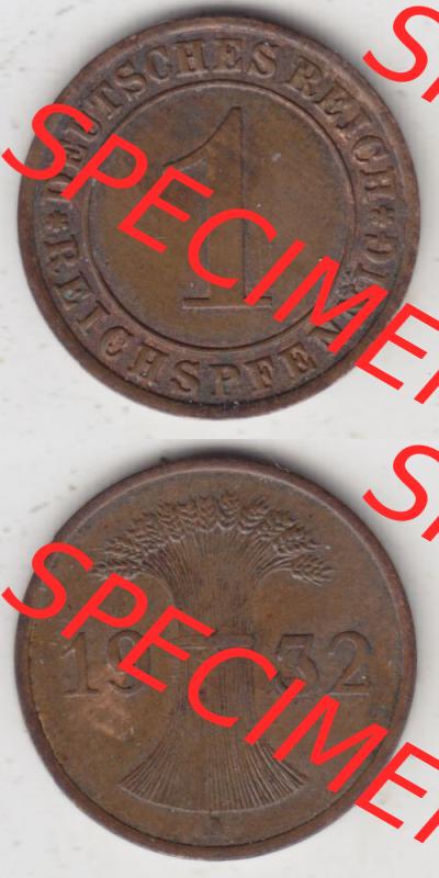 Weimarer Republik Umlaufmünze 1924-1936, 1 Reichspfennig A, 1932, Münzen Vollansicht Vertikal zum Download Sammlung